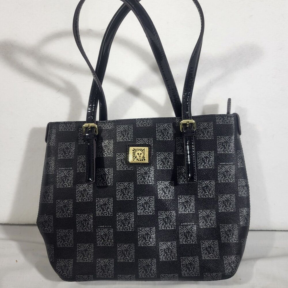 Anne Klein Black Tote Bag Purse Handbag Lion Logo Purple Lining